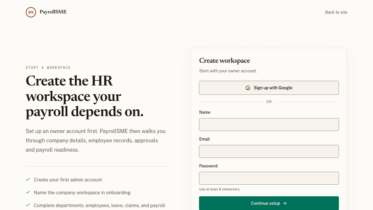 The sign-up page starts with the owner account