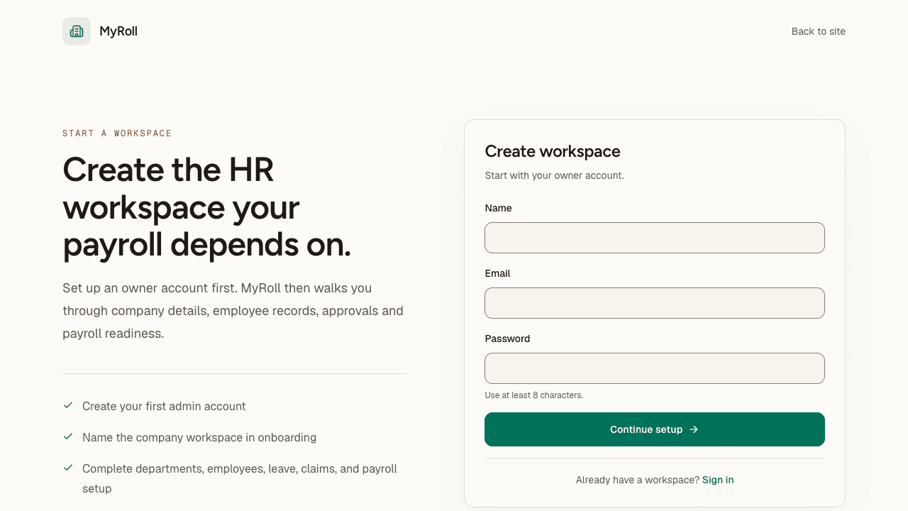 The sign-up page starts with the owner account