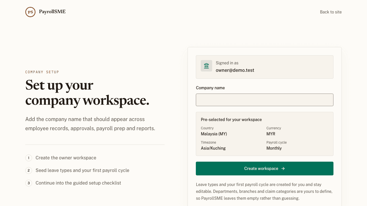 Onboarding asks for the company name