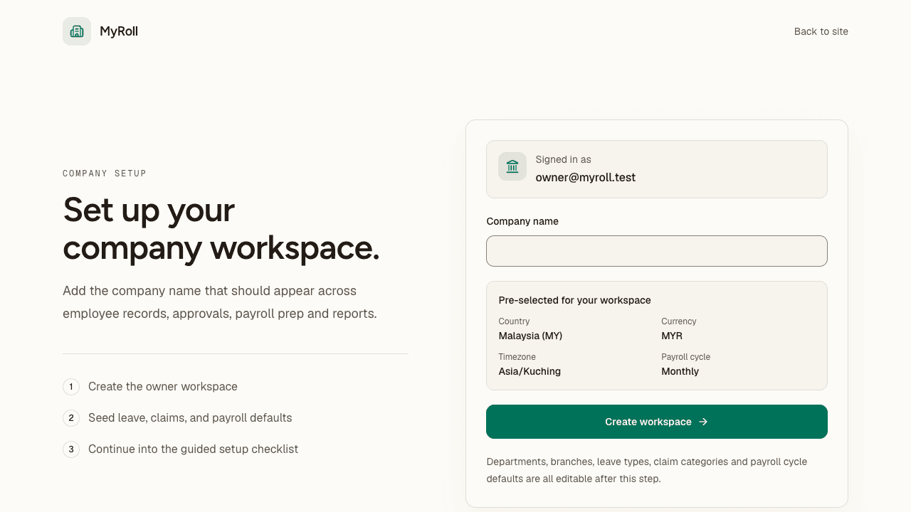 Onboarding asks for the company name