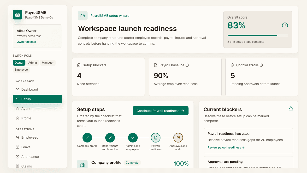 The setup wizard shows ordered launch steps and blockers