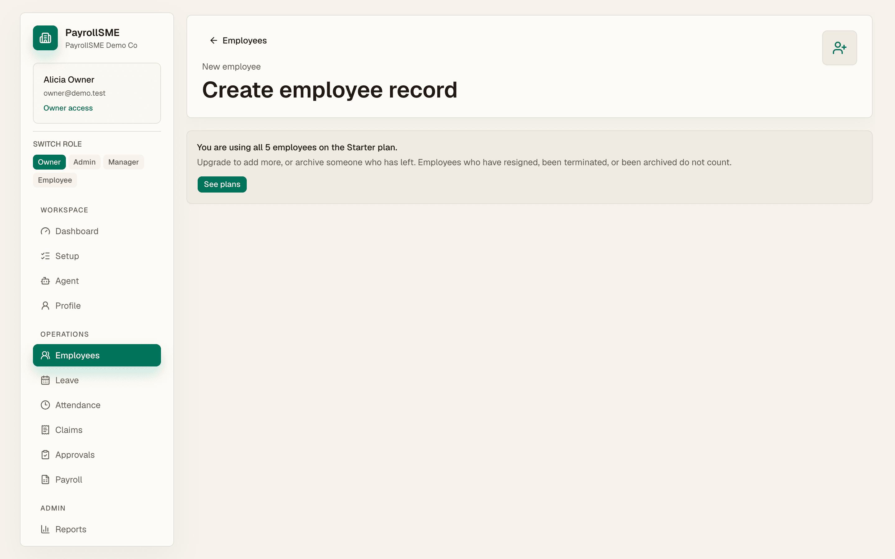 The staff form includes employment status and payroll fields