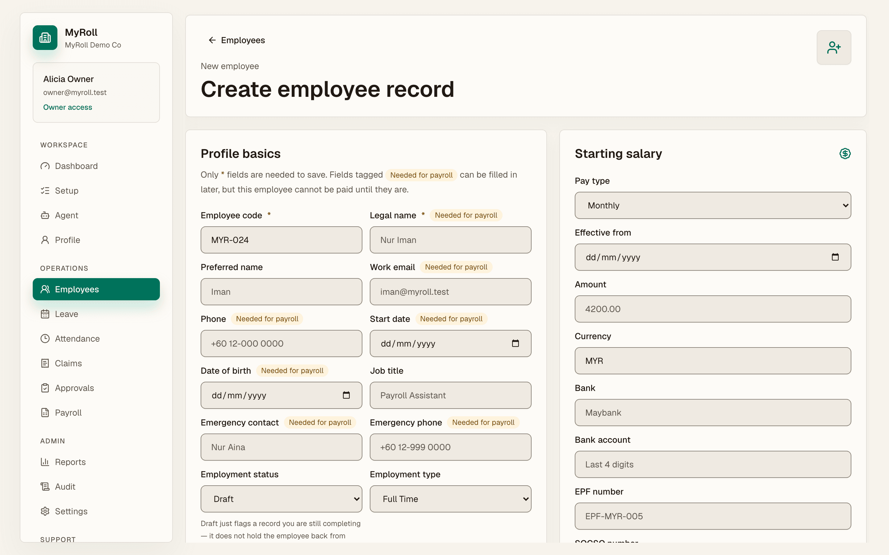 The staff form includes employment status and payroll fields