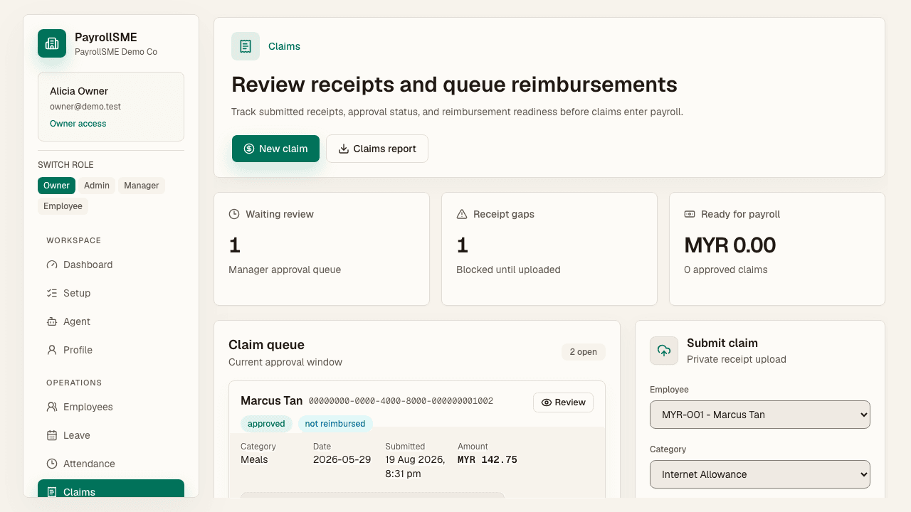 The claim form with amount, date, notes, and receipt upload