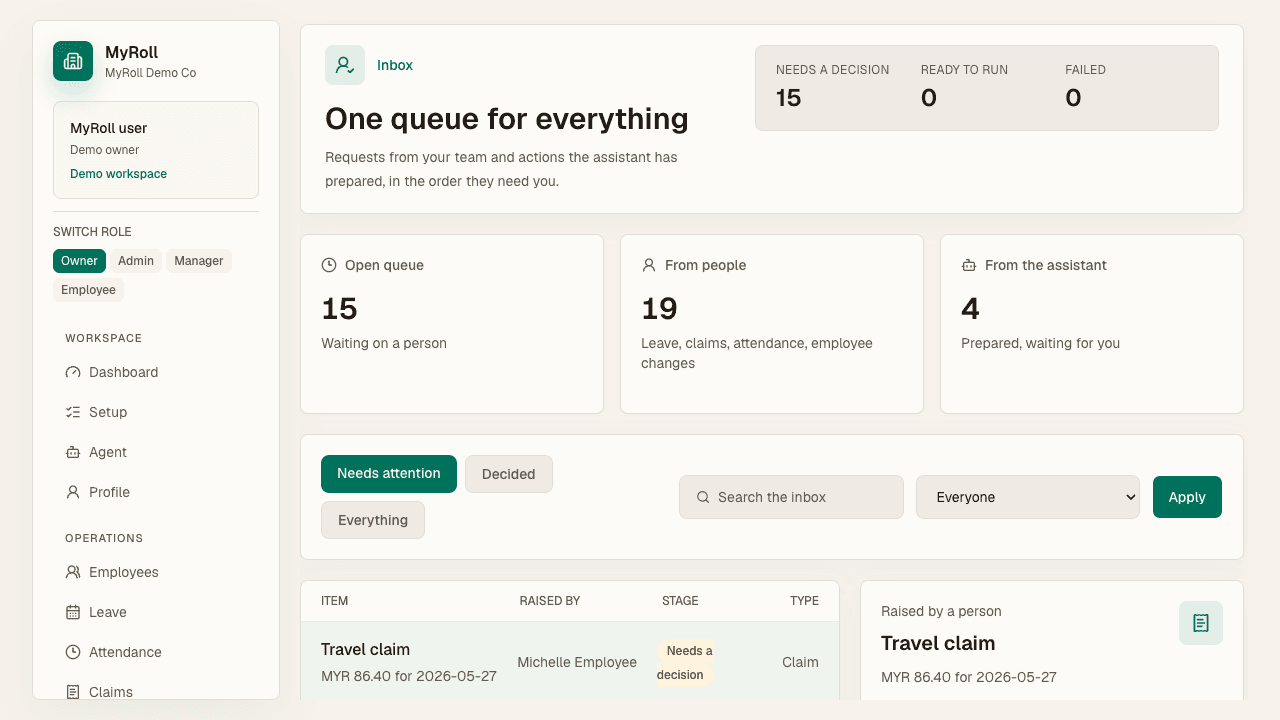 The approvals inbox shows one queue for everything, with filters for who raised each item