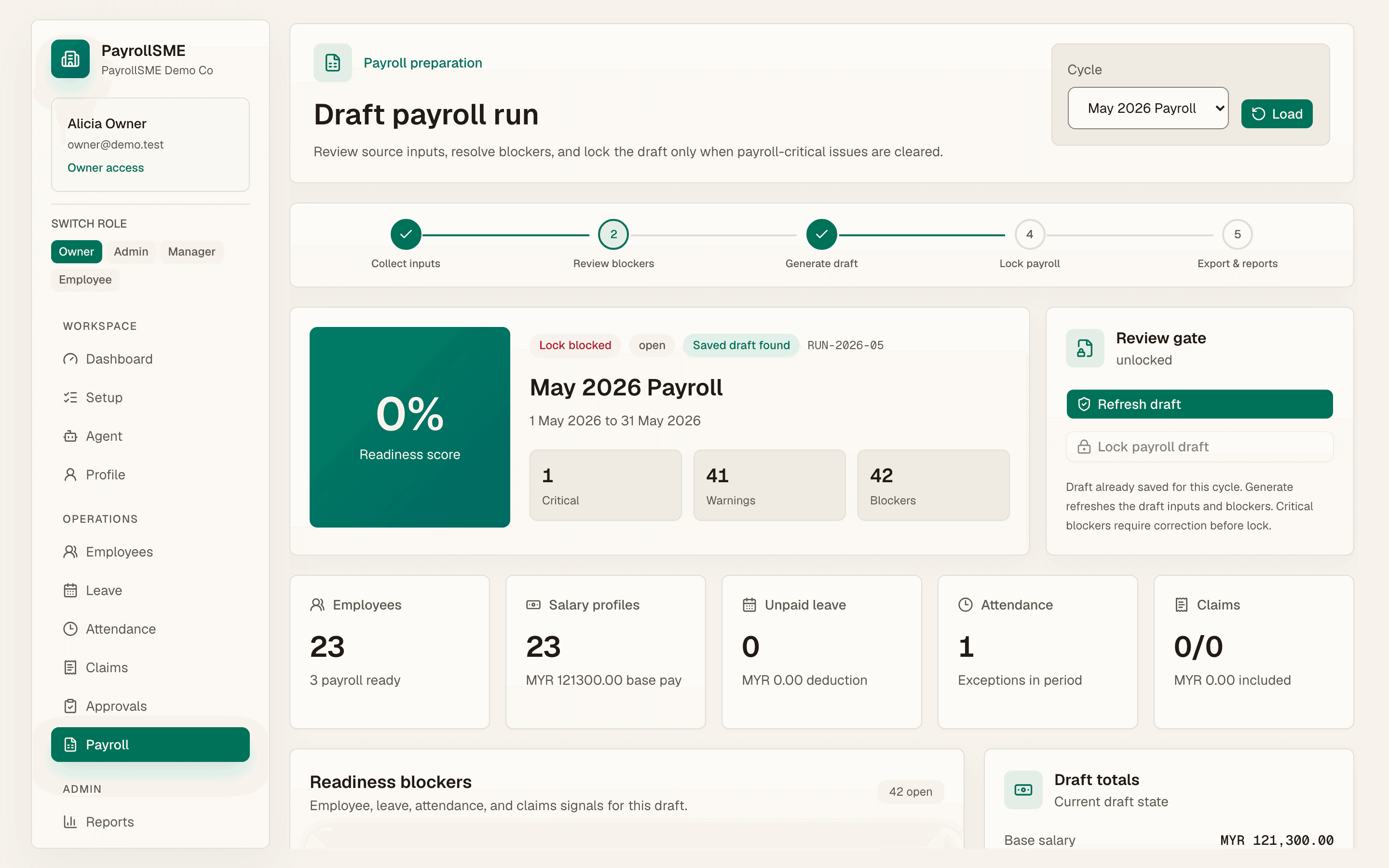 Payroll preparation shows readiness, inputs, blockers, and lock controls