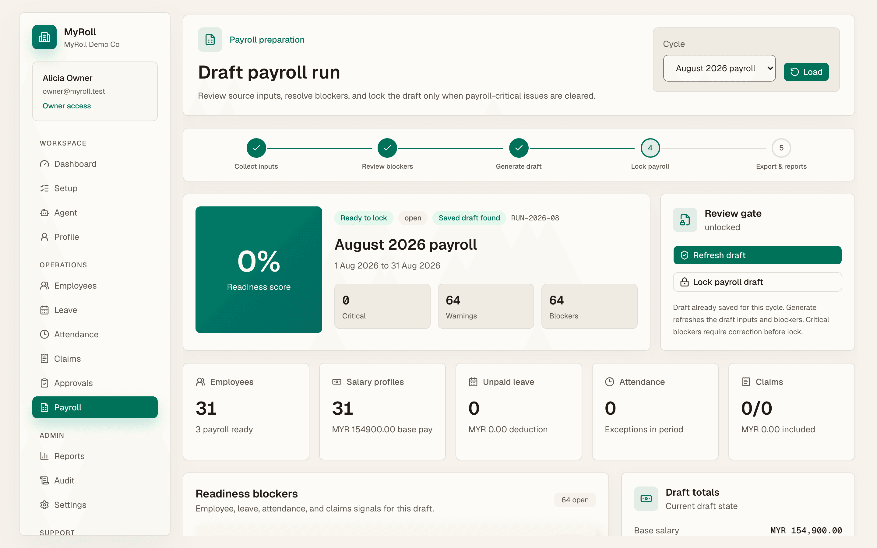 Payroll preparation shows readiness, inputs, blockers, and lock controls