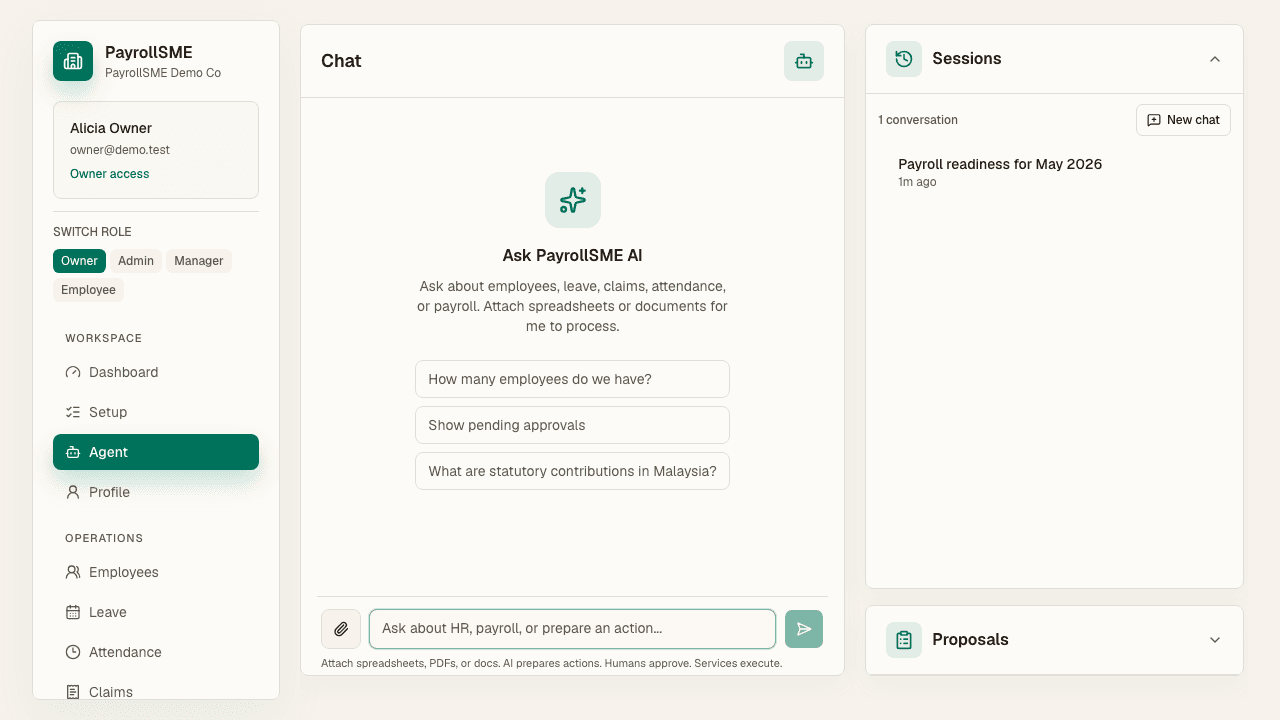 The assistant workspace combines chat, sessions, and suggested prompts