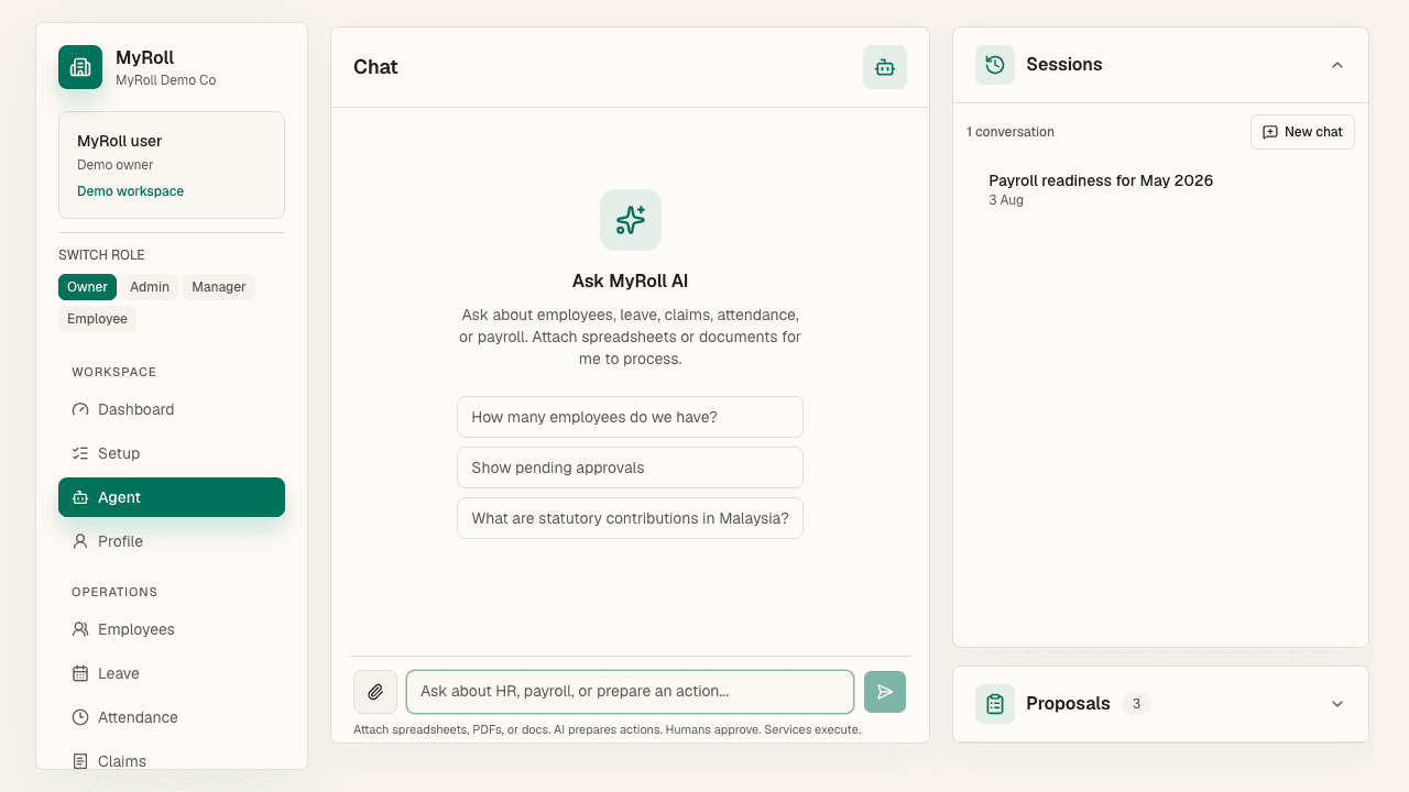 The assistant workspace combines chat, sessions, and suggested prompts