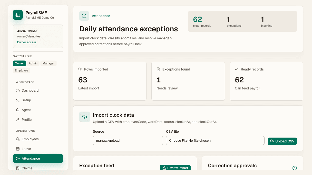 Attendance shows rows imported, exceptions found, and clean records