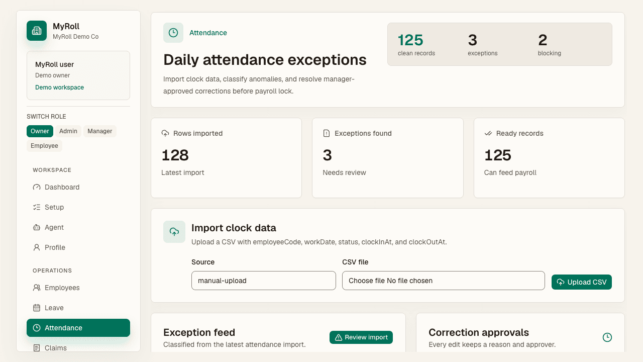 Attendance shows rows imported, exceptions found, and clean records