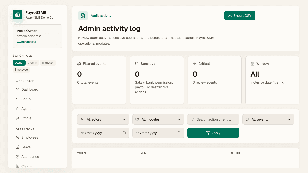 The audit log filters actor activity and sensitive operations