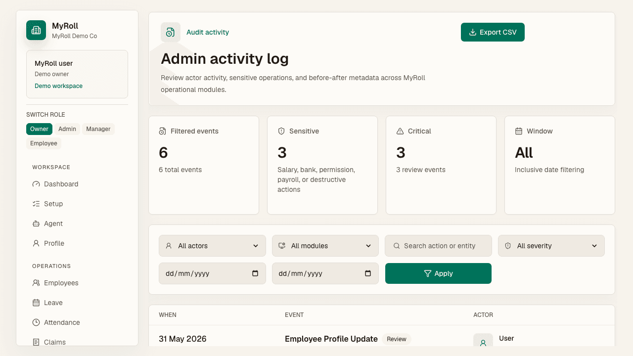 The audit log filters actor activity and sensitive operations