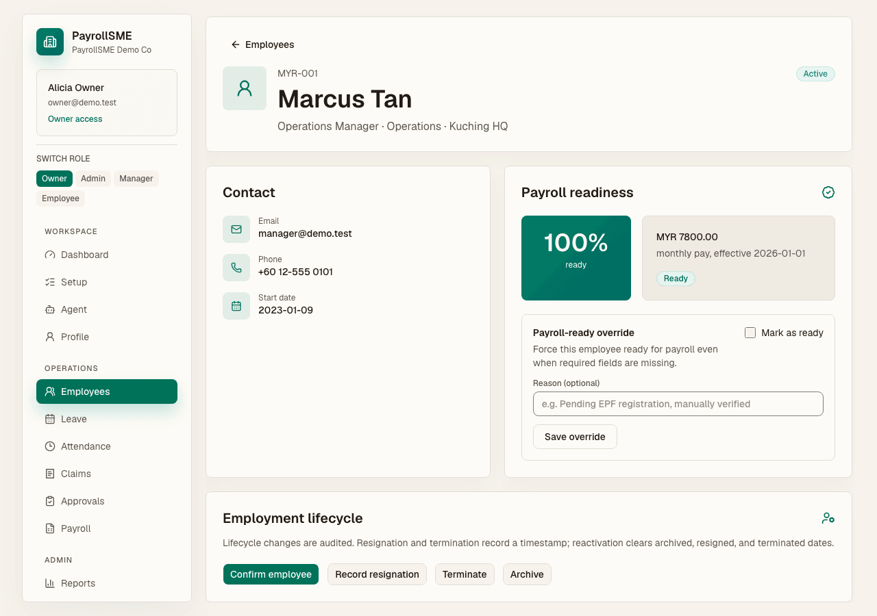 The employee profile shows the SKBBK (Lindung 24 Jam) status selector