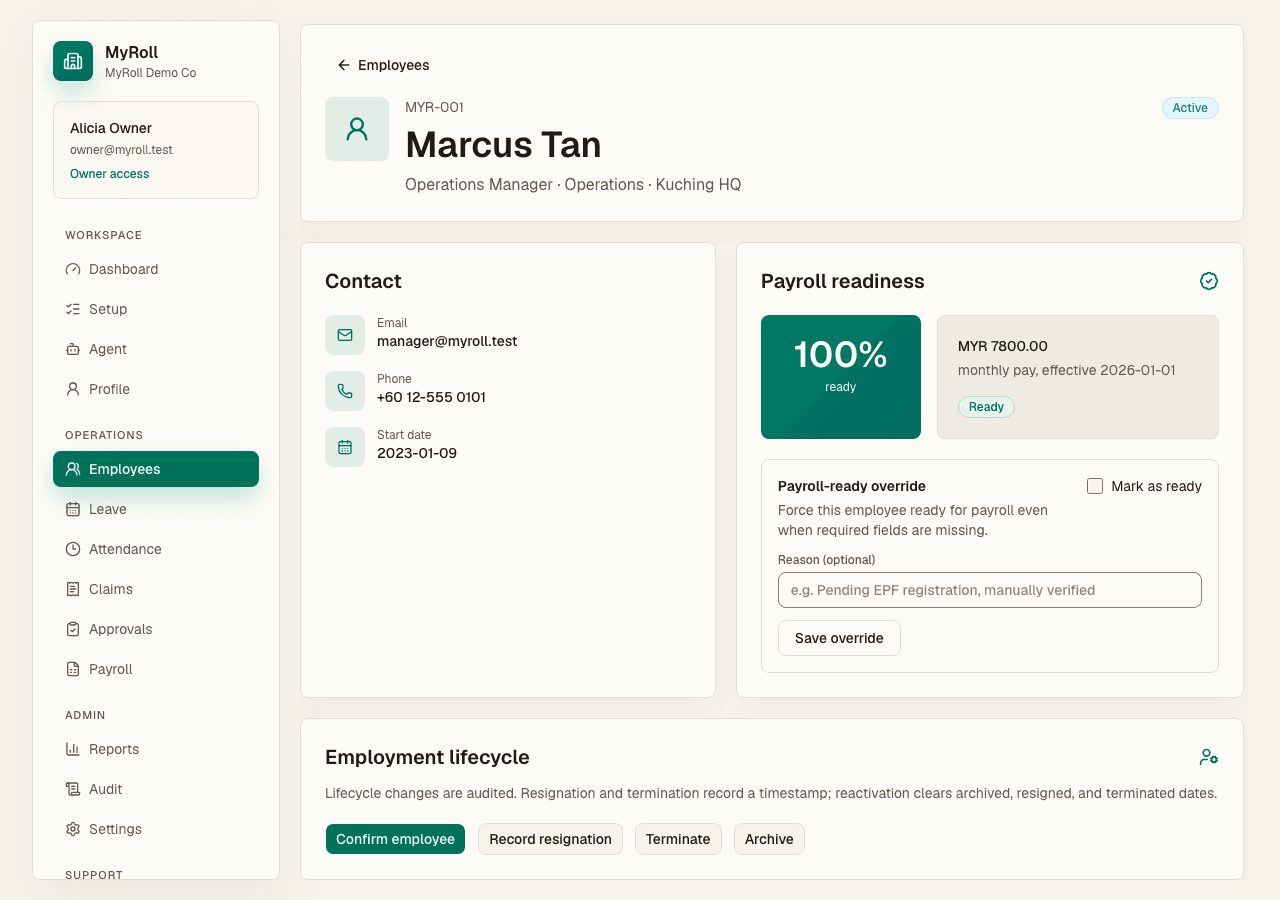 The employee profile shows the SKBBK (Lindung 24 Jam) status selector