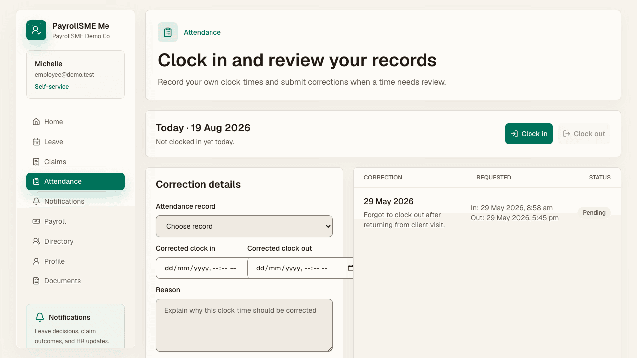 Record clock times and request corrections