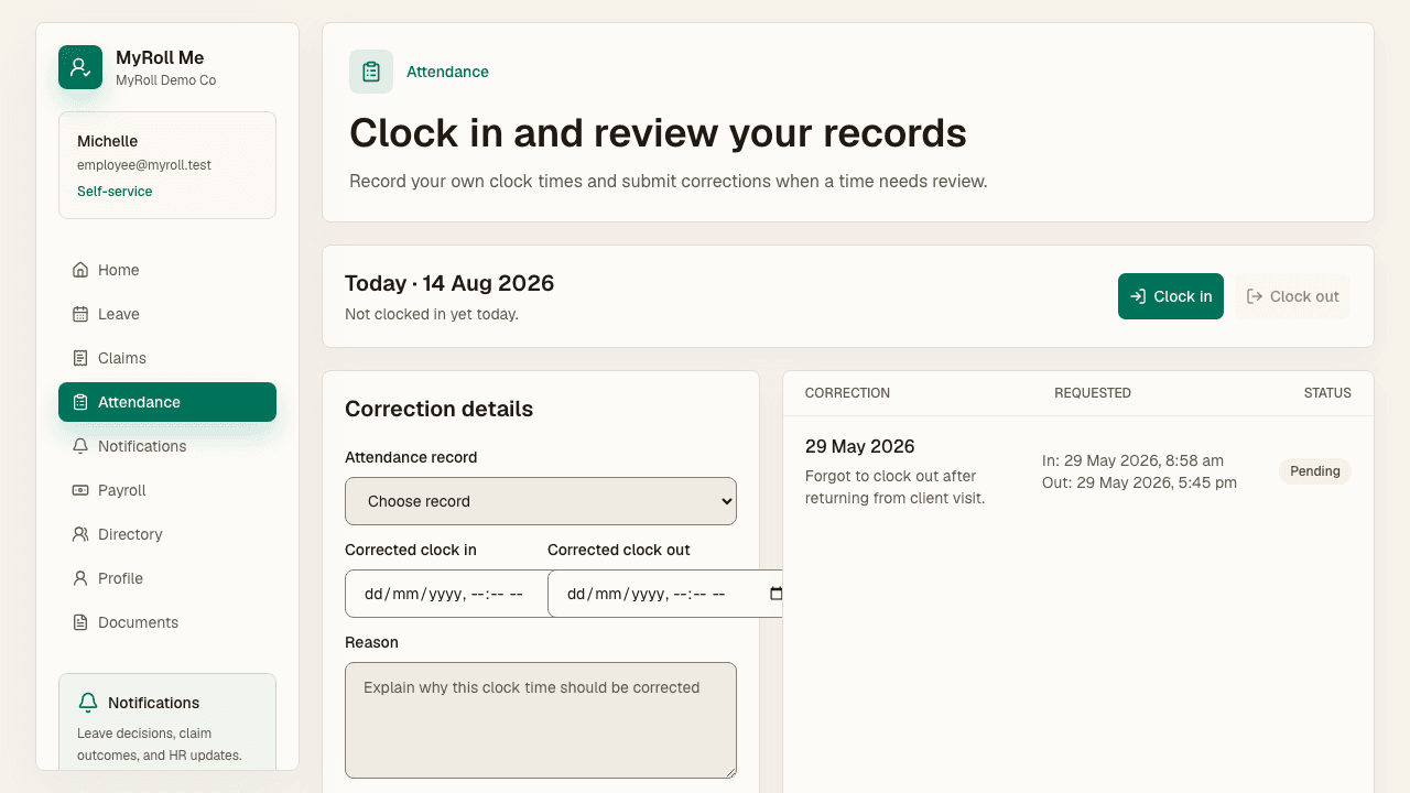 Record clock times and request corrections