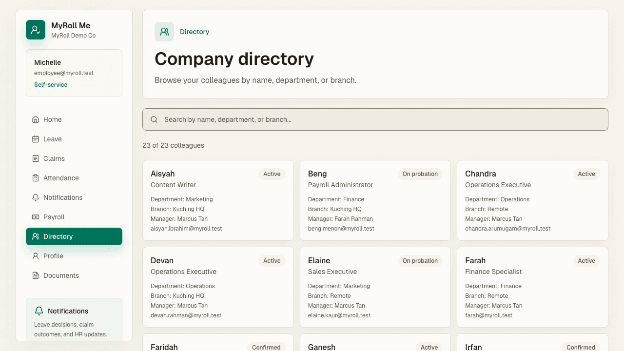 The directory lists colleagues by name, department, and branch