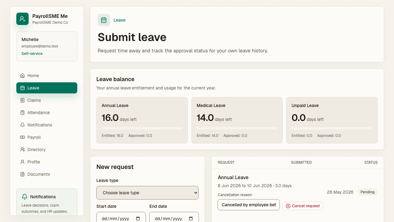 Submit leave from your own portal and track approval status