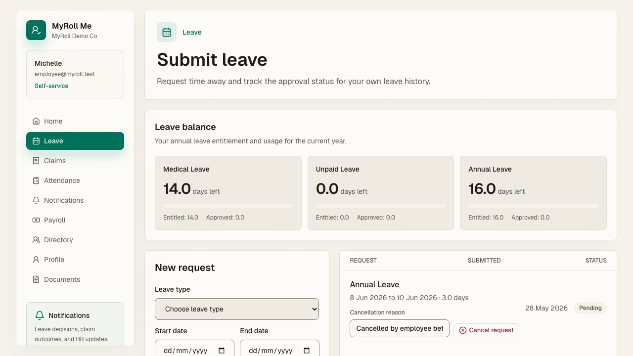 Submit leave from your own portal and track approval status