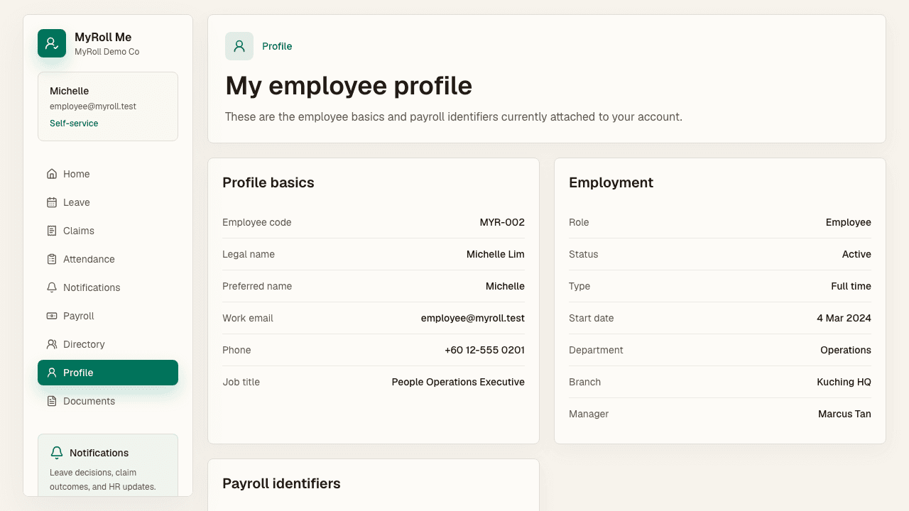 Profile shows your employee basics, employment details, and payroll identifiers