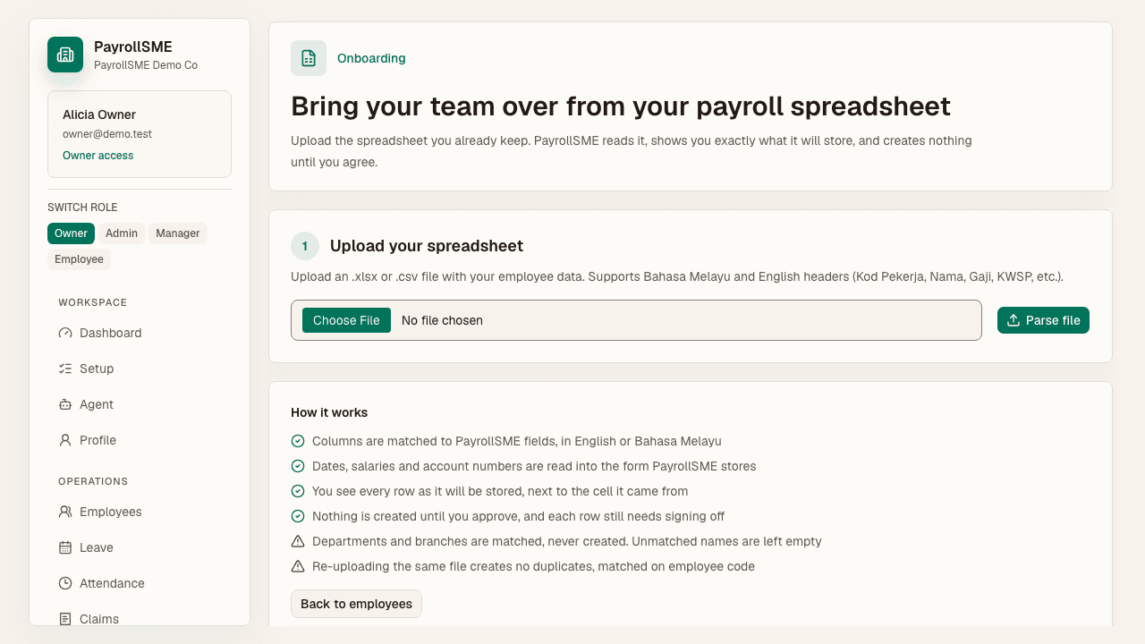 The migration wizard uploads a spreadsheet and parses it into draft rows