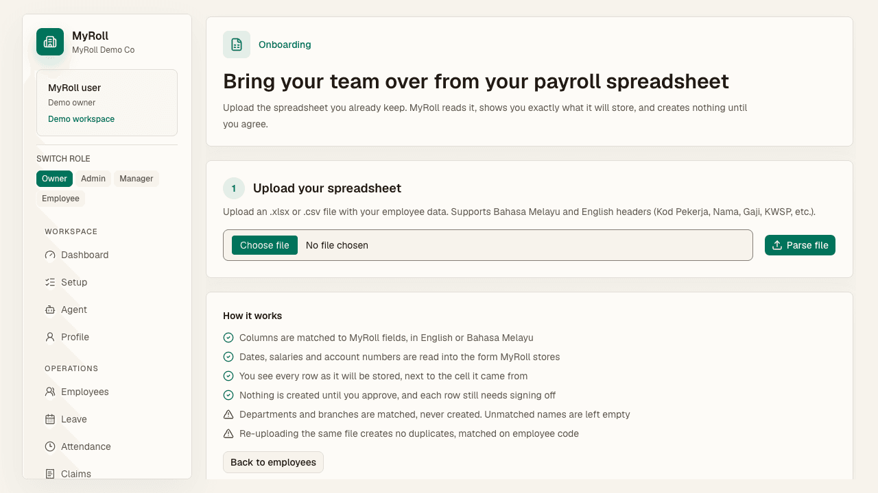 The migration wizard uploads a spreadsheet and parses it into draft rows