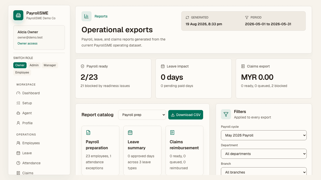 Reports shows the operational export catalog for the selected period