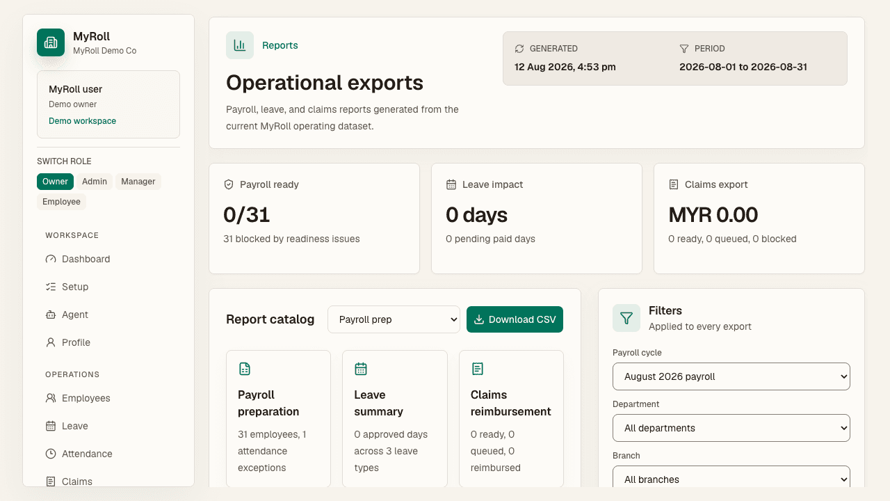 Reports shows the operational export catalog for the selected period