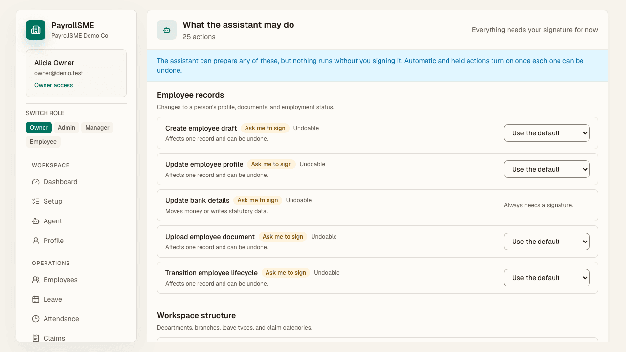 The assistant action gates show what each action may do