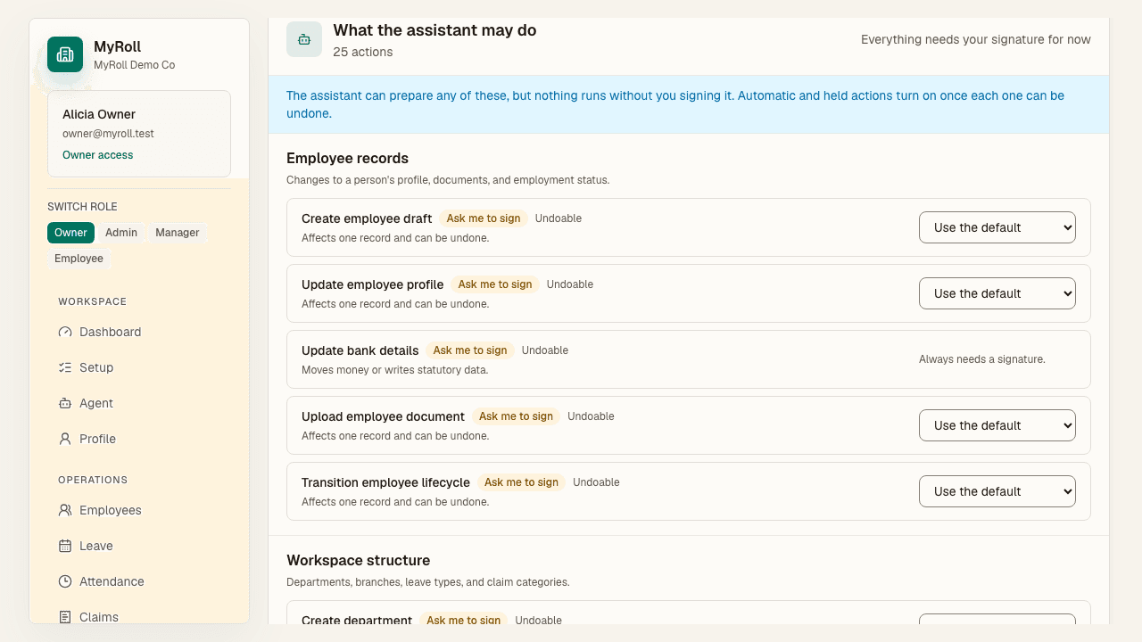 The assistant action gates show what each action may do