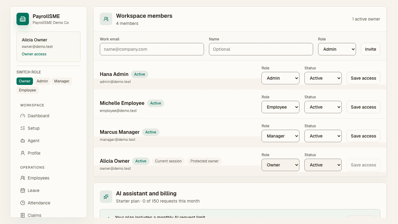 Workspace members shows invited and active members with their roles