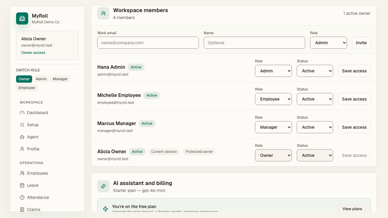 Workspace members shows invited and active members with their roles