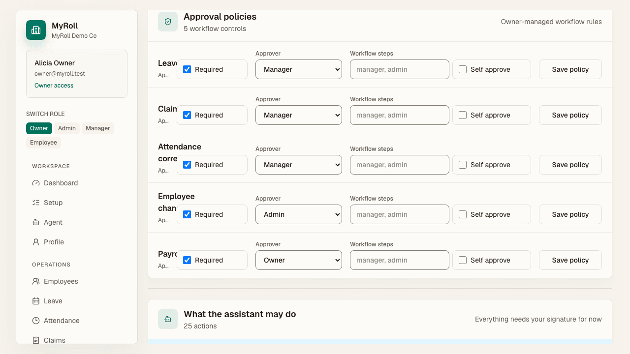 Approval policies set the approver role and workflow steps per process