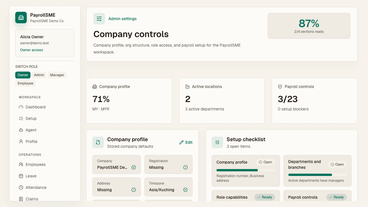 Admin settings groups company profile, org structure, and role access