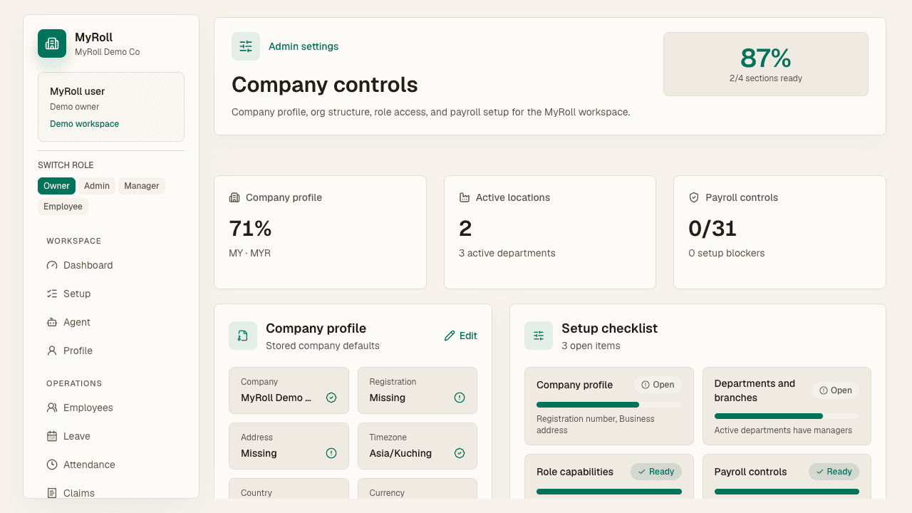 Admin settings groups company profile, org structure, and role access