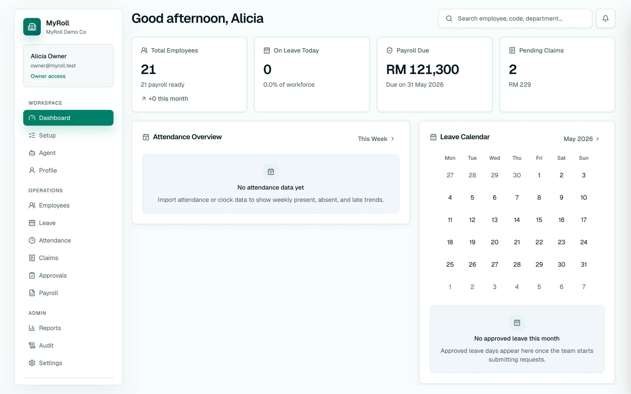 The MyRoll dashboard showing payroll readiness, headcount, attendance and pending approvals for the current cycle.