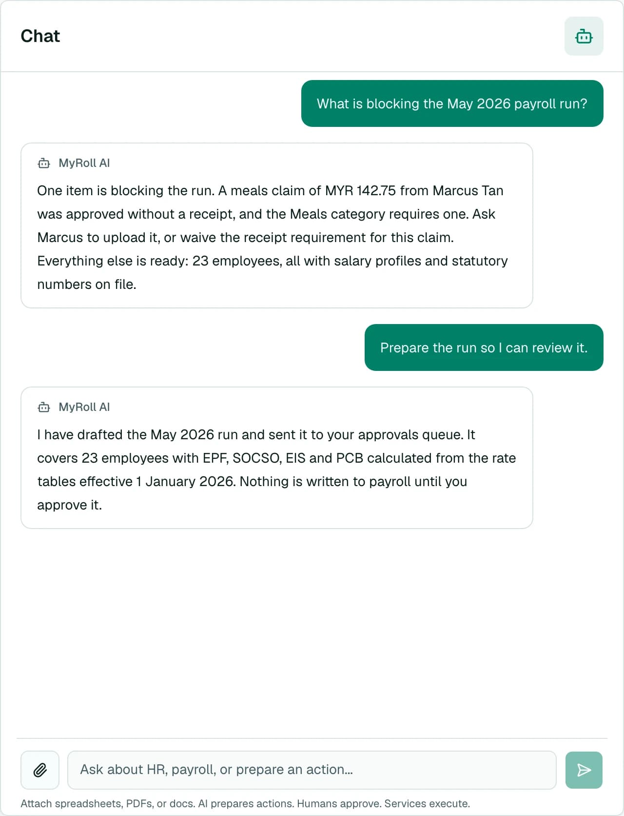 A conversation with the MyRoll assistant about what is blocking the May payroll run.