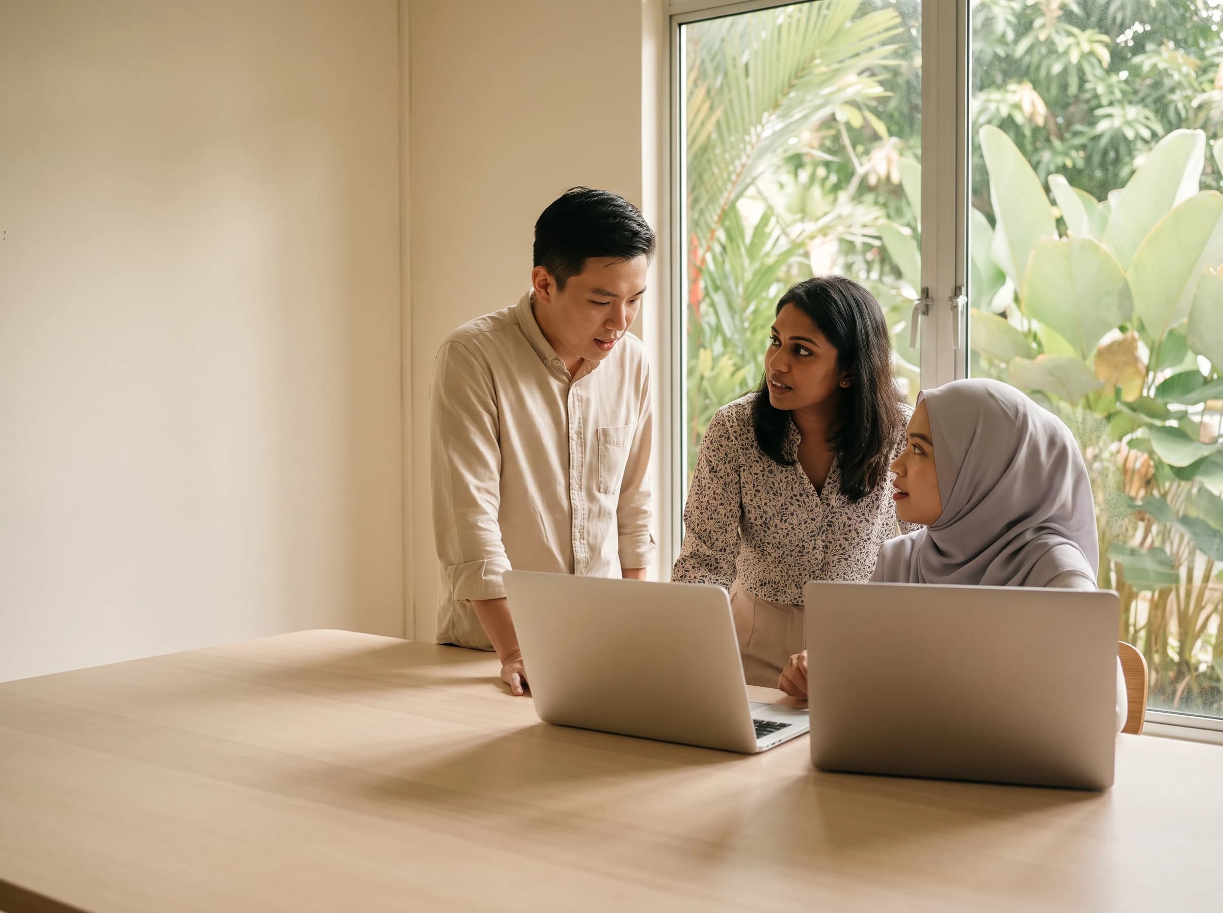 Three colleagues talking over a laptop at a shared table in a bright office.